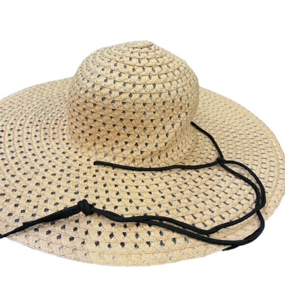 Straw Sun Hat Wide Brim Natural Black Strap Beach Pool Vacation Travel Cruise OS - Picture 6 of 8